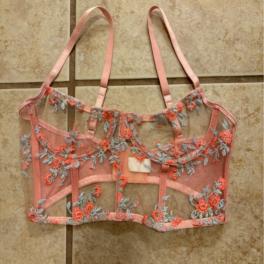 Floral Embroidered Sheer Corset - Pink